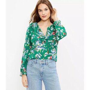 Loft Floral Green Top Women Size S Long Sleeve Ruffle Tie Neck Blouse